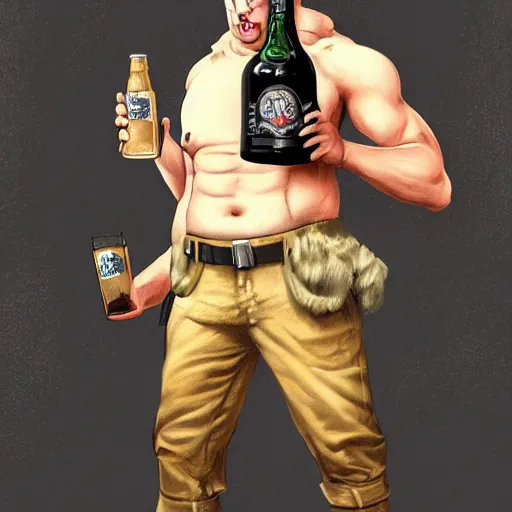 Image similar to a humanoid german shepherd beast - man in military style, holding a bottle of beer, artstation, concept art, smooth, sharp foccus ilustration, artstation