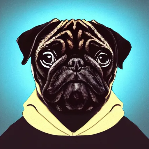 Prompt: a sad pug wearing a hoodie with the word'sad'typed on it in upper case letters, digital art, synthwave style, trending on artstation, matte painting