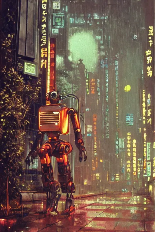 Image similar to vintage autochrome photo of ancient overgrown cyberpunk tokyo with robot by syd mead, night, rain, flowers, beautifully lit, hyperdetailed, unreal engine, photorealistic