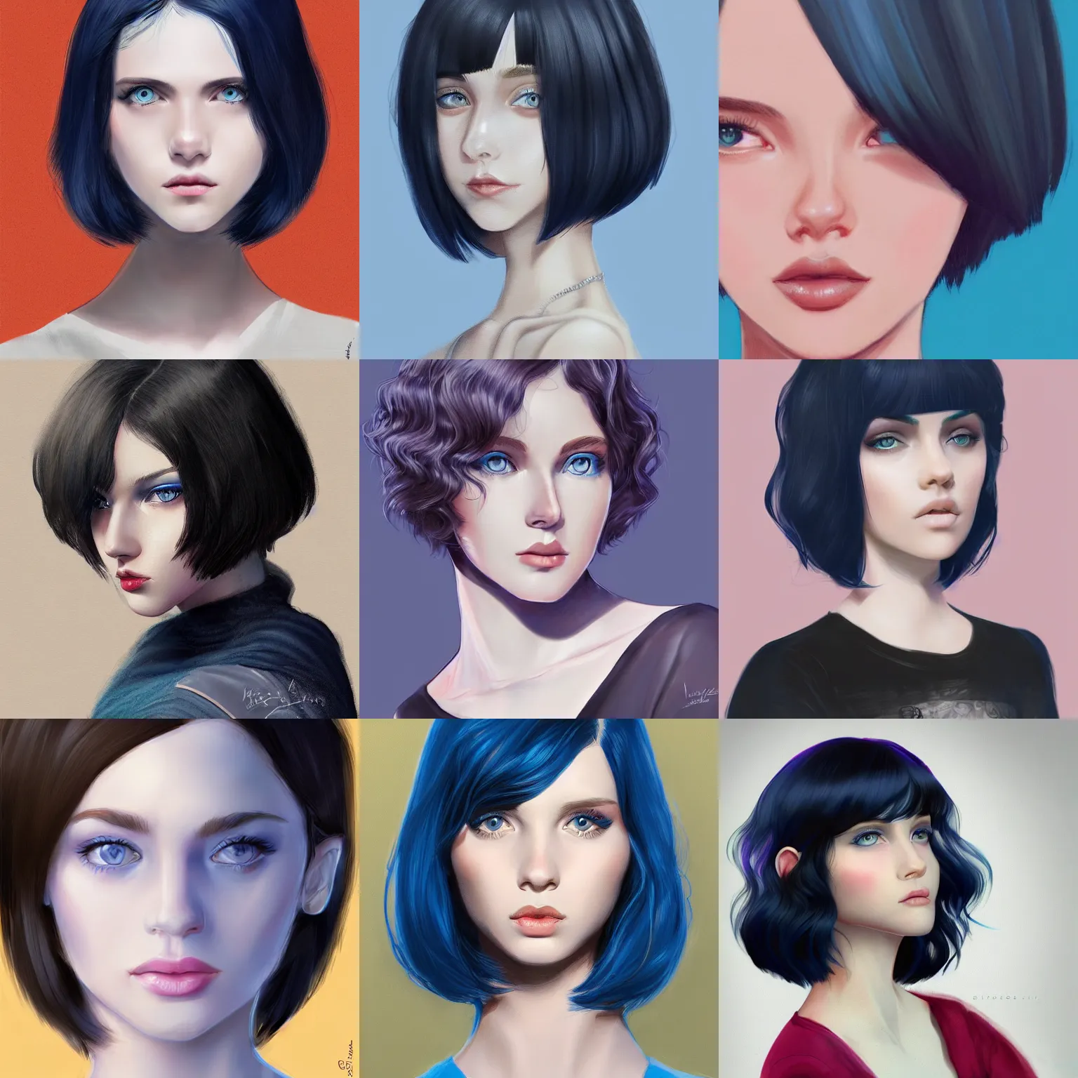 Prompt: young pale girl with blue eyes and curly black hair in a bob haircut, concept art, digital illustration, detailed, artstation