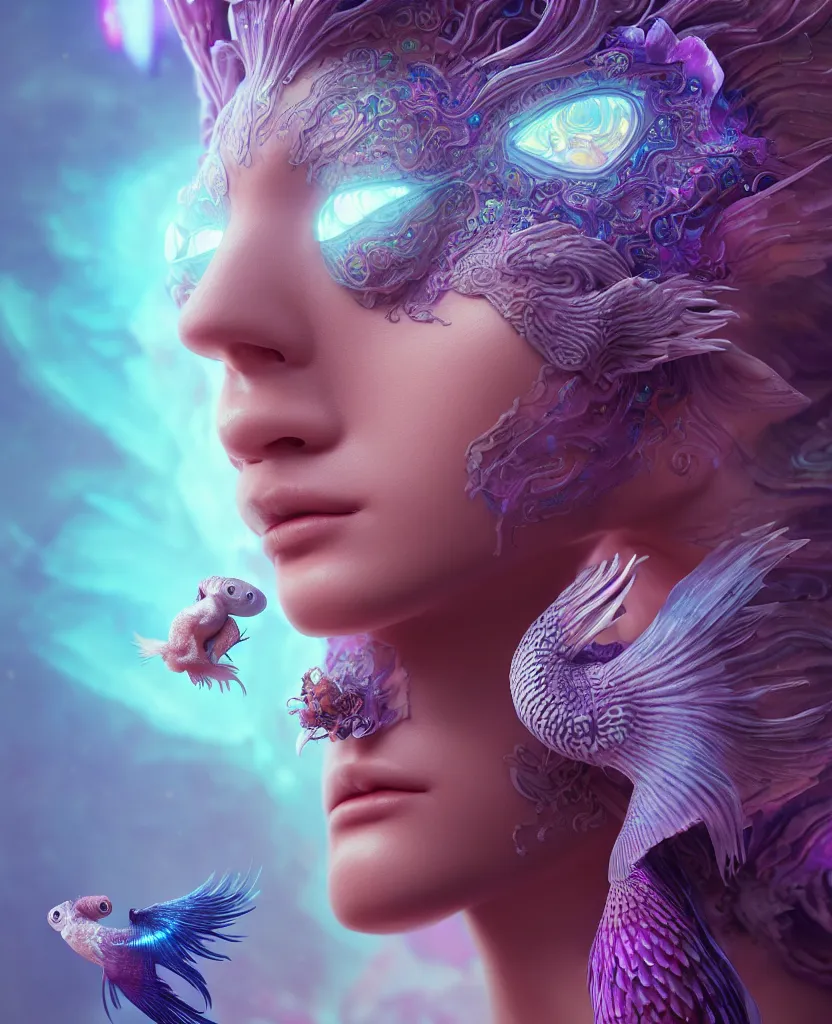 Image similar to goddess close-up portrait. orchid bird phoenix head, nautilus, skull, betta fish, bioluminiscent creatures, intricate artwork by Tooth Wu and wlop and beeple. octane render, trending on artstation, greg rutkowski very coherent symmetrical artwork. cinematic, hyper realism, high detail, octane render, 8k