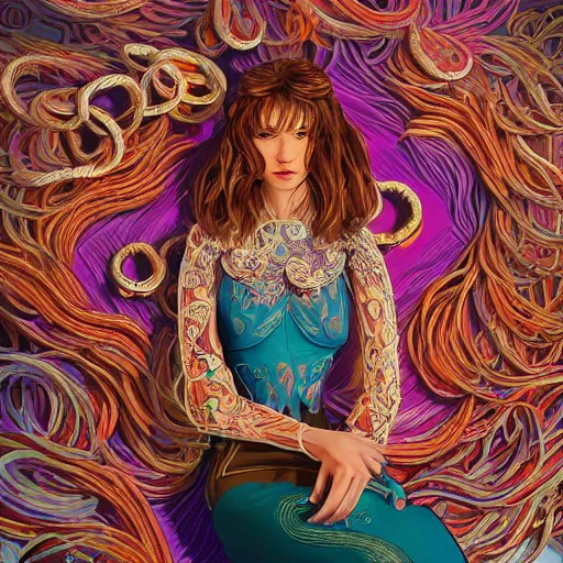 Image similar to the portrait of a ridiculously beautiful and elegant russian woman partially made of onion rings of all colors, an ultrafine detailed illustration by james jean, final fantasy, intricate linework, bright colors, behance contest winner, vanitas, angular, altermodern, unreal engine 5 highly rendered, global illumination, radiant light, detailed and intricate environment