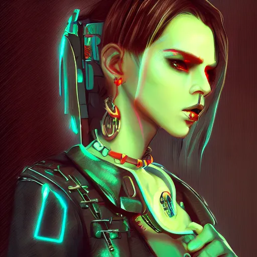 Prompt: headshot of cyberpunk punk woman wearing thick steel choker around neck, 4K, detailed face, collar on neck, realistic, artstation, neon,