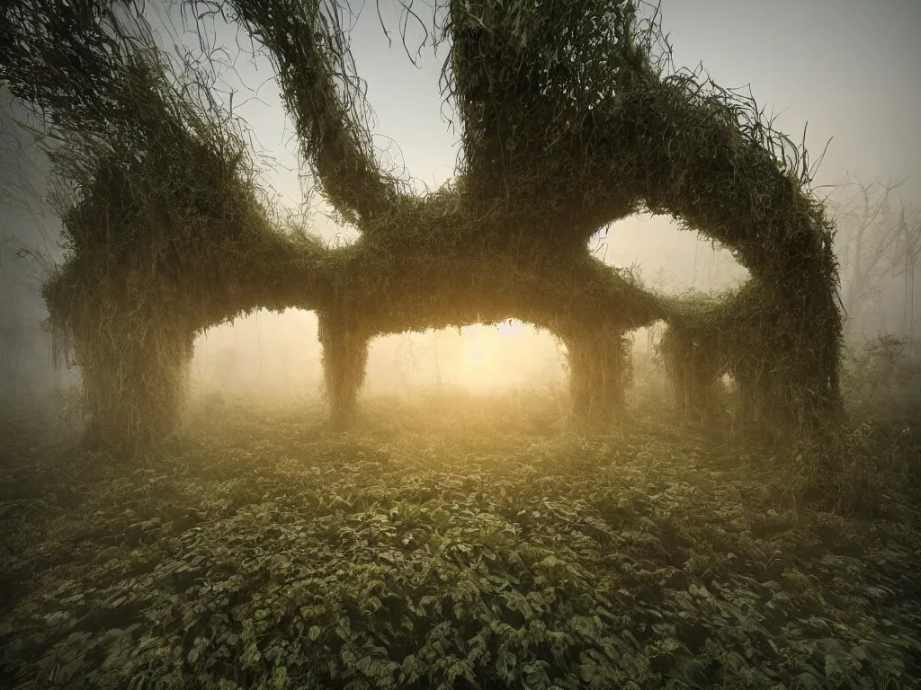 Image similar to beautiful organic house structure made of strange plants, located in a swamp at sunrise, (mist), ultra wide angle, moebius, chillwave, futuresynth, door, windows