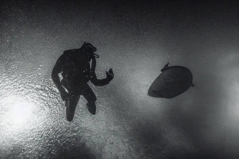 Prompt: a ominous scuba diver swimming underwater, photo-realistic low lighting, creepy, vast, shot by a camera,