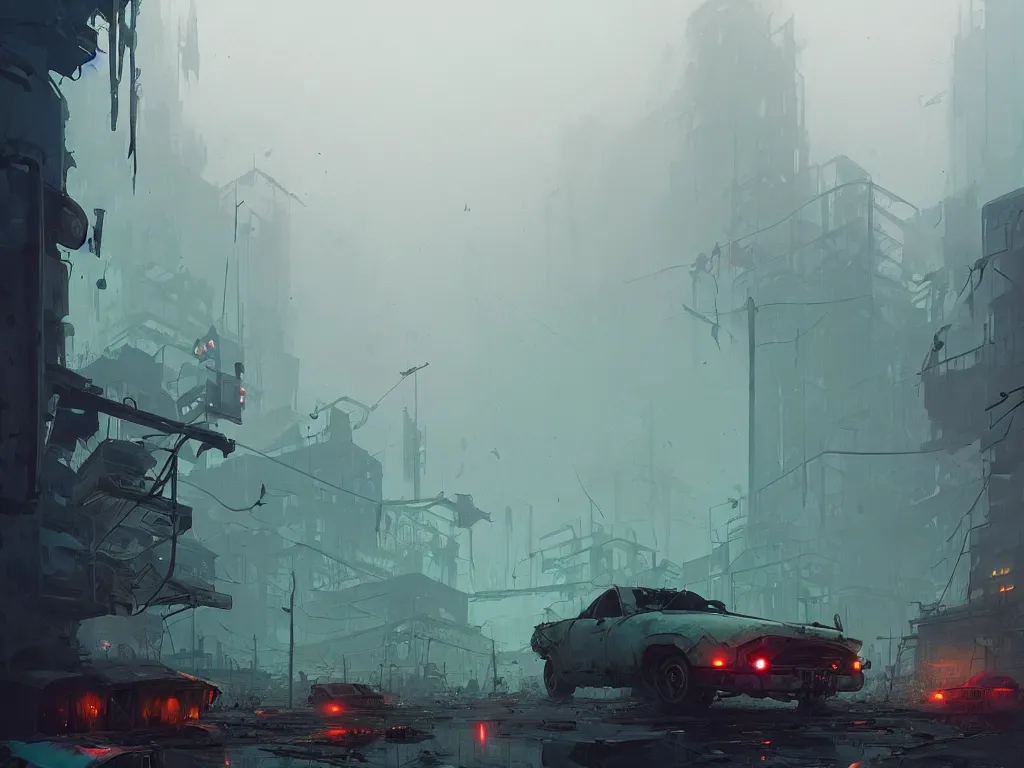 Image similar to post - apocalyptic cityscape overgrown by nature, old cars, destroyed, fog, by atey ghailan, ismail inceoglu, michal lisowski, artstation, volumetric light, high detail, perfect