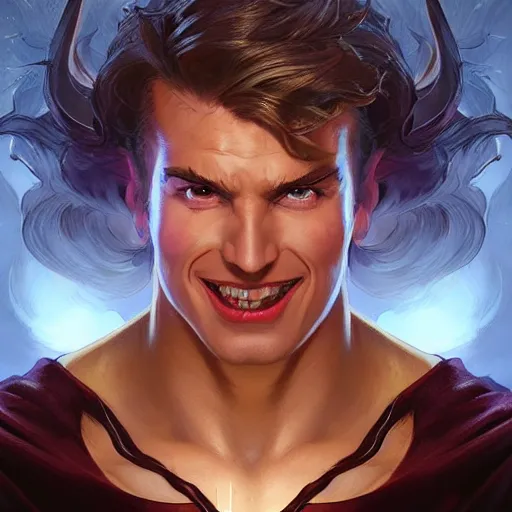 Prompt: character concept, portrait, symmetrical head - on centralized, laughing young man with dark cape. detailed, high quality, dynamic lightning, fantasy, scenematic. artwork by artgerm, wlop, alex ross, greg rutknowski, alphonse mucha