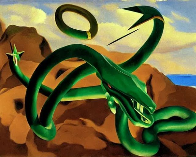 Image similar to painting of Rayquaza by John Singer Sargent, Magritte, Salvador Dali, Magritte, Salvador Dali, and John Singer Sargent