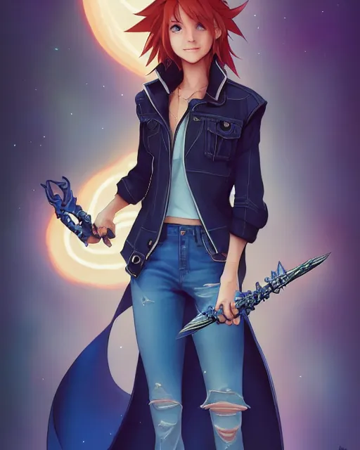 Image similar to loish, artgerm, joshua middleton art, rafeal albuquerque, pretty sora from kingdom hearts holding the artemis keyblade, realistic hands, sarcastic smile, symmetrical eyes, symmetrical face, jean jacket, jeans, short hair, middle shot, night time, deep blacks