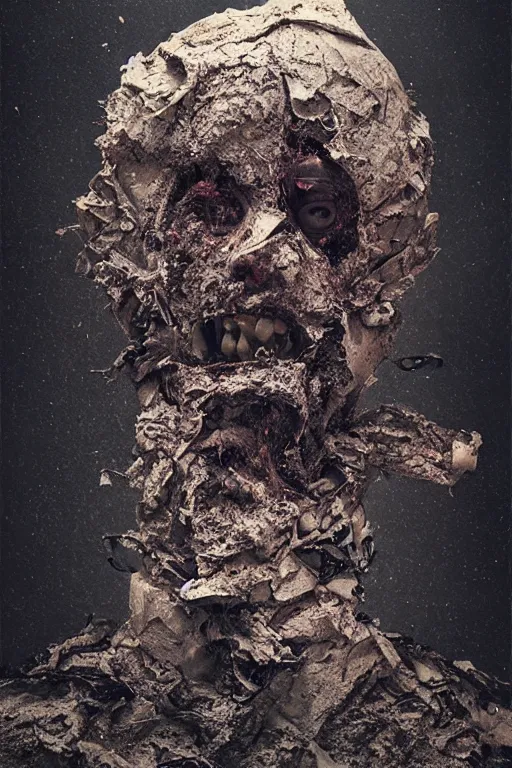 Image similar to a dark morbid portrait of an exploding human head made from antique paper, dry and dusty faling apart, intricate, cinematic lighting, surreal photography, simon stalenhag