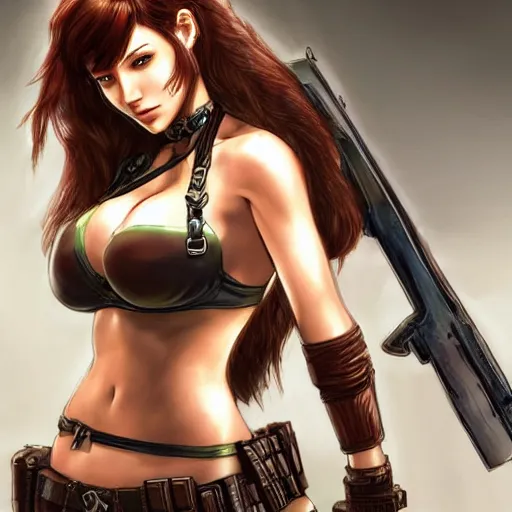 Image similar to concept art illustration of young japanese christina hendricks natalie portman as lara croft anime protagonist, wearing combat warrior fantasy bikini, intricate, elegant, art by artgerm and rosstran, masamune shirow