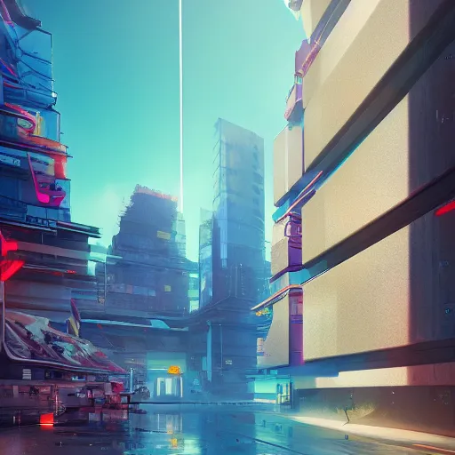 Image similar to neo brutralism, futuristic architectural art, colorful, hyperrealistic, cgsociety, octane render, 8k, realistic depth, 3D feeling, sunlight, shadows, reflections, romanticism, 3D, realistic depth, in the style of Akihiko Yoshida and Greg Rutkowski