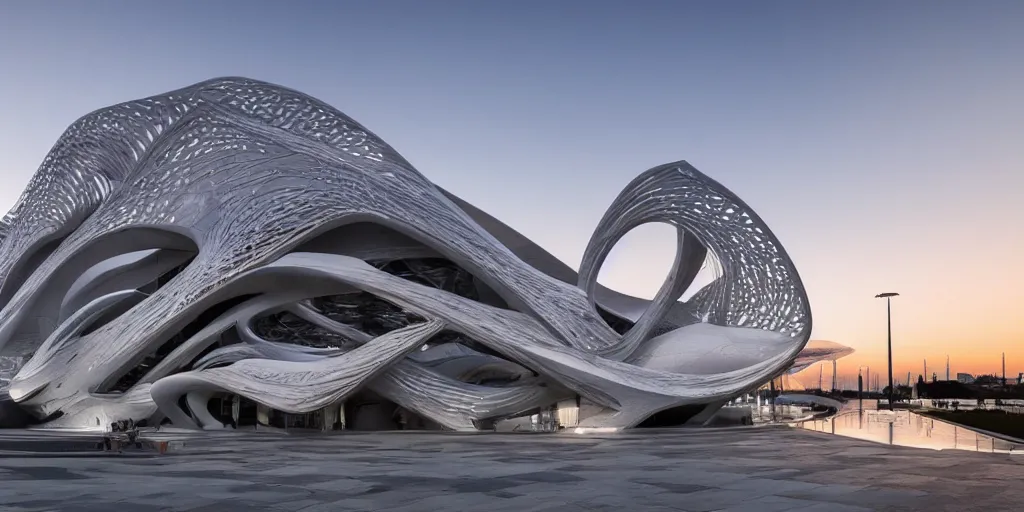 Image similar to extremely detailed ornate stunning sophisticated beautiful elegant futuristic museum exterior by Zaha Hadid, stunning volumetric light, sunset, 8k dragonfly structural pattern