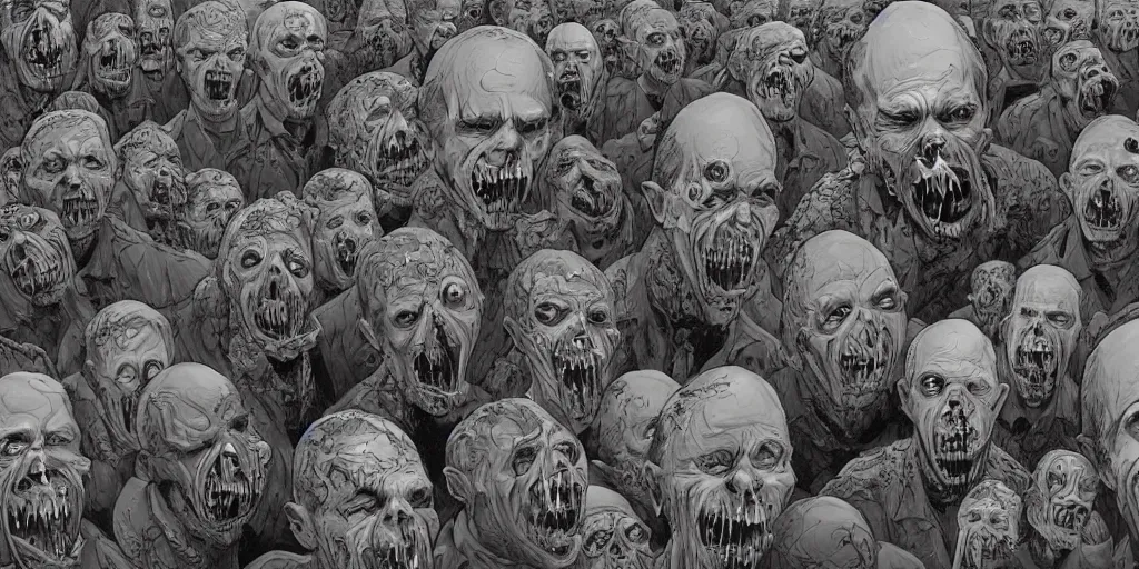 Image similar to vladimir putin's face is eaten by worms, in the background an army of zombies with their mouths sewn shut with wire in the shape of the letter z, drawn in the style of ralph mcquarrie, photorealistic, hyperdetailed