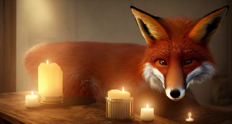 Image similar to a beautiful hyper realistic ultra detailed lifelike matte painting of a fox in front of a candle, unreal engine, deviantart, flickr, artstation, octane render, textured, colorful, extreme realistic detail, physically based rendering, pbr render, very detailed, volumetric lighting, detailed lighting, octane render, 4 k, cinematic lighting, 8 k resolution