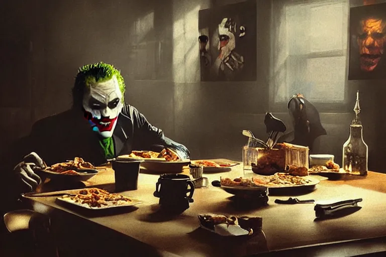 Image similar to morning light, highly detailed portrait of Batman eating breakfast, the head of the joker is placed on the table, atmospheric lighting, masterpiece, award winning painting by Emmanuel Lubezki