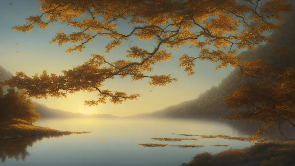 Image similar to a cinematic hyperrealism highly detailed photograph of maple tree by the lake, with petals flying in the sky, reflection on the lake, sunshine, by christophe vacher, trending on artstation, 4 k hd wallpaper premium prints available.