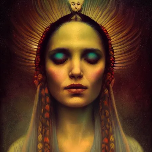 Image similar to old Indian majestic lady, looking upwards, meditation, despair, mystic, by Anato Finnstark, Tom Bagshaw, Brom