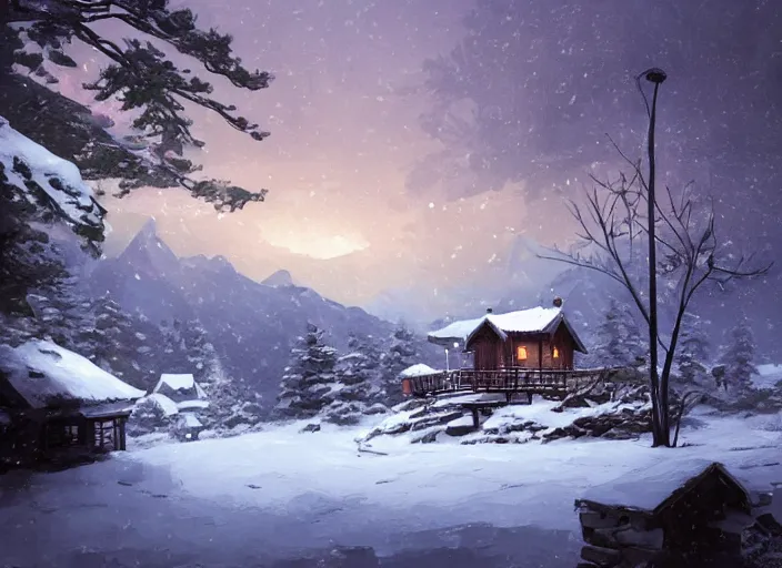 Prompt: a cabin on a mountain overlooking a snowy landscape. Atmospheric lighting, romantic, cold lighting, snowy. By Makoto Shinkai, Stanley Artgerm Lau, WLOP, Rossdraws, James Jean, Andrei Riabovitchev, Marc Simonetti, krenz cushart, Sakimichan, D&D trending on ArtStation, digital art.