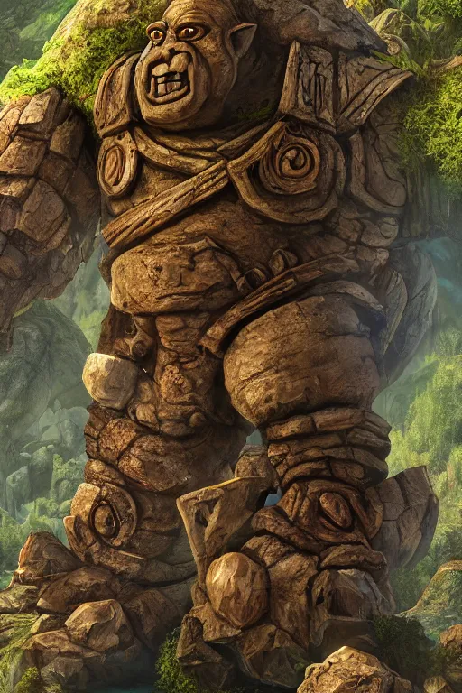 Image similar to zelda fantasy art giant golem troll wood rock greeble gemstone, global illumination ray tracing hdr fanart arstation by sung choi and eric pfeiffer and gabriel garza and casper konefal