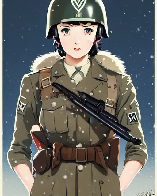 Image similar to ww 2 german soldier, snow, helmet | | very very anime!!!, fine - face, audrey plaza, realistic shaded perfect face, fine details. anime. realistic shaded lighting poster by ilya kuvshinov katsuhiro otomo ghost - in - the - shell, magali villeneuve, artgerm, jeremy lipkin and michael garmash and rob rey