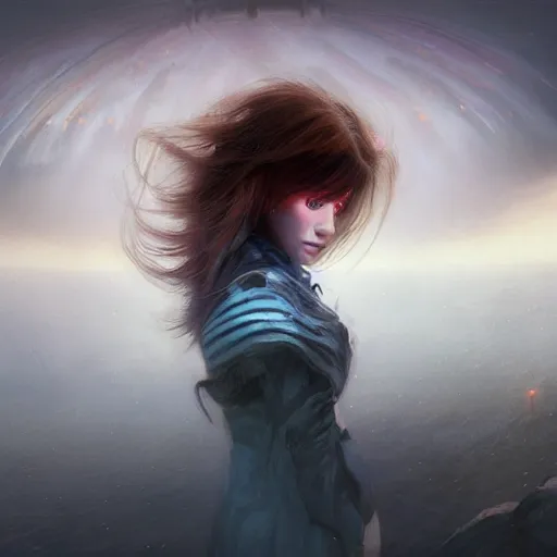 Image similar to cyberpunk magic circle undead girl; female character; flowing brown hair; heterochromia; david bowie eyes; 4K; 8k; Surrealism fractal with sounds edges and painterly style; perfect composition; fine details; epic brushwork; in nature; filmic; hdr; volumetric lighting; highly detailed; digital art; by Ivan Aivazovsky; by Aleksi Briclot; by Marc Simonetti