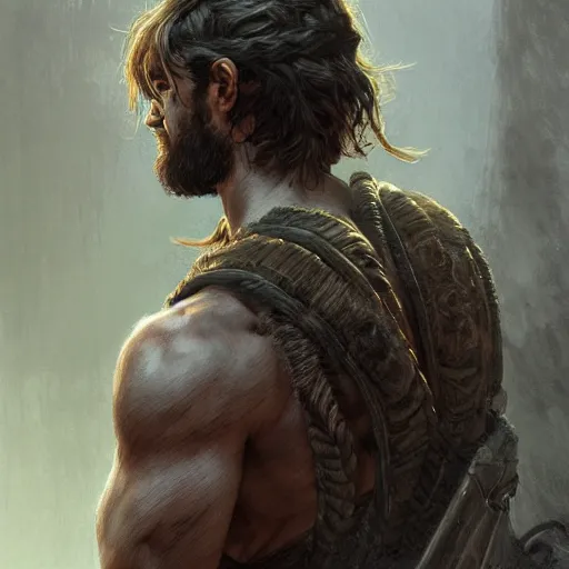 Image similar to back portrait of a rugged ranger, full body, hairy torso, half up half down, D&D, fantasy, intricate, elegant, highly detailed, digital painting, artstation, concept art, matte, sharp focus, illustration, art by Artgerm and Greg Rutkowski and Alphonse Mucha