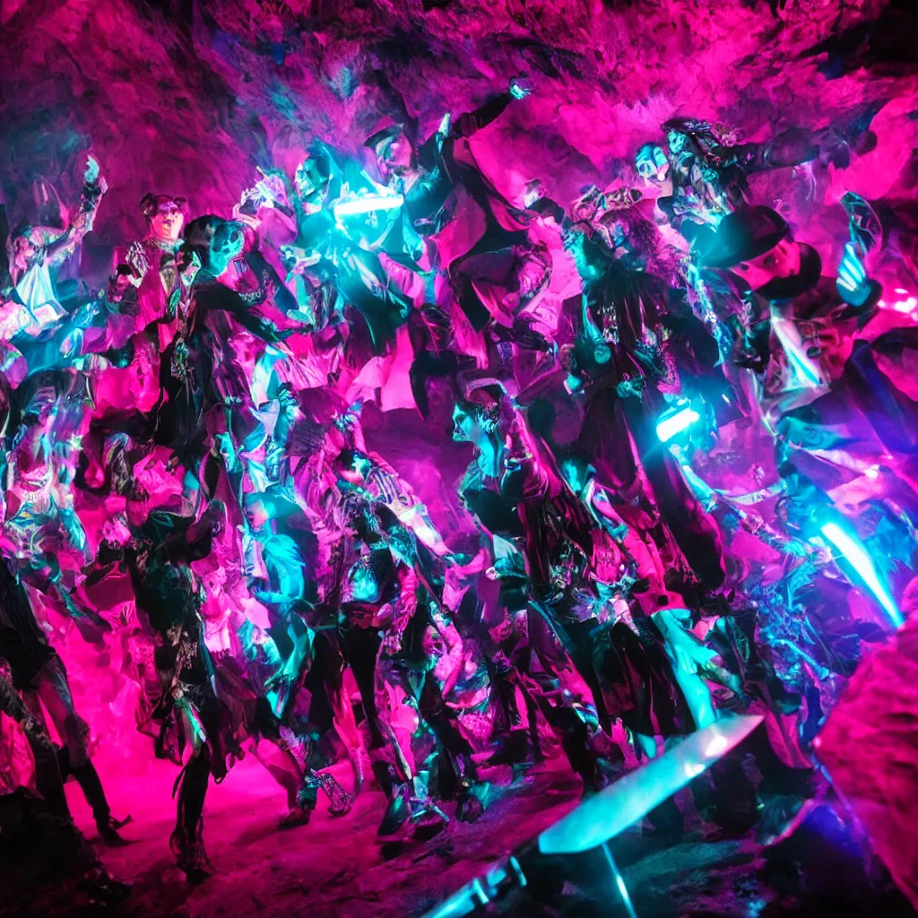 Image similar to cinematic shot of a goth disco in a cave, holographic knives!!! with pink lasers and blue crystals, brutal weapons!!! holographic knives!!! goth people dancing, dark evil ritual, 8 k photograph