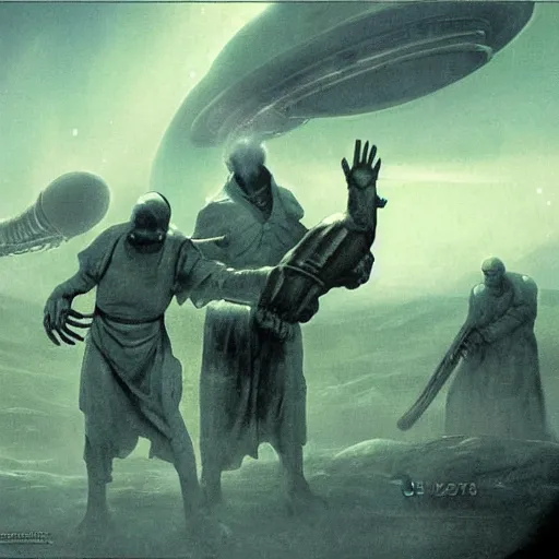 Image similar to pope francis fighiting against aliens in eerie atmospheric alien worlds by john schoenherr and glenn barr, epic cinematic matte painting,