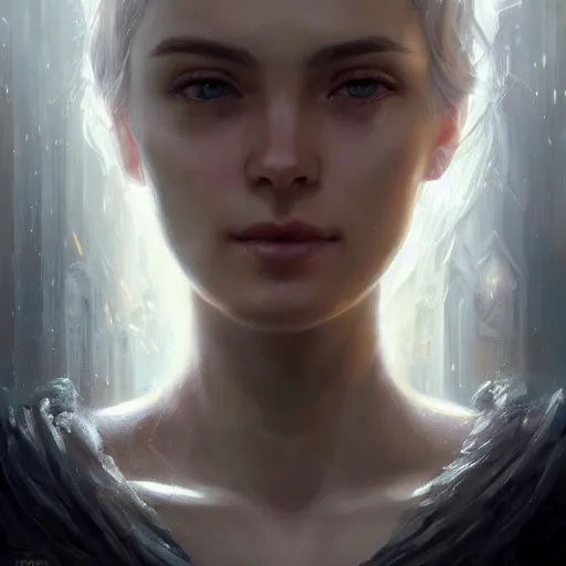 Image similar to a portrait of a beautiful hopeful lady with pretty eyes, beautiful eyes, beautiful eyes, beautiful eyes, highly detailed eyes, looking up, looking up, light smiling, art of wlop and greg rutkowski, intricate, high details, eyes, epic fantasy art, cgsociety, trending on artstation, bright light masterpiece, ray of light through white hair