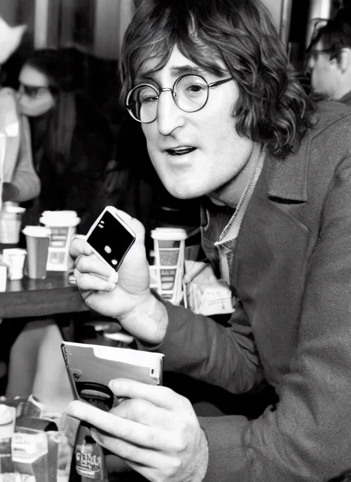 Prompt: john lennon sitting inside a starbucks using his iphone 1 2, black and white photo, real, photorealistic