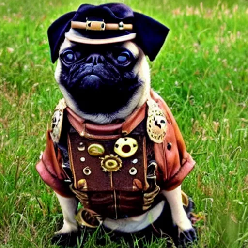 Prompt: photo of a pug dressed in steampunk gear.