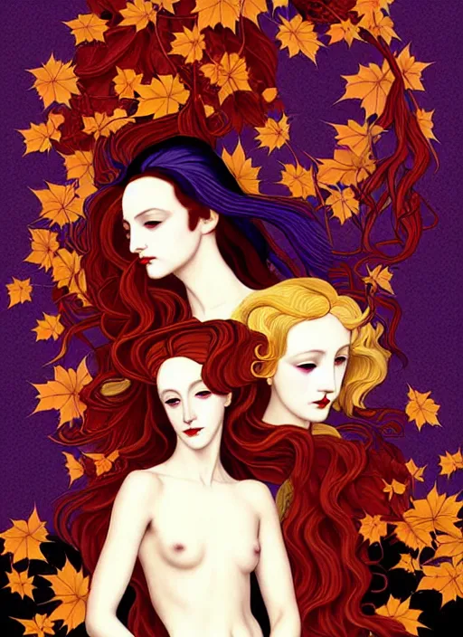 Image similar to 3 Autumn Muses symbolically representing September, October, and November, in a style blending Æon Flux, Peter Chung, Shepard Fairey, Botticelli, Ivan Bolivian, and John Singer Sargent, inspired by pre-raphaelite paintings, shoujo manga, and cool Japanese street fashion, dramatic autumn landscape, leaves falling, deep red gold and royal purple high contrast tones, hyper detailed, super fine inking lines, ethereal and otherworldly, 4K extremely photorealistic, Arnold render