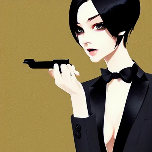 Image similar to slim cruel business girl in tuxedo with black bob hair, elegant, 2d, ultra highly detailed, digital painting, smooth, sharp focus, artstation, art by Ilya Kuvshinov