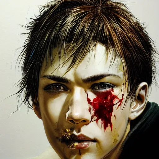 Image similar to portrait of a young white hero holding his sword next to his face covering his eye by yoji shinkawa, high quality, extra details, realism, ornate, colored, golden chain, blood, white skin, short hair, brown eyes, vivid, sunlight, dynamic, american man, freedom, white american soldier, painting