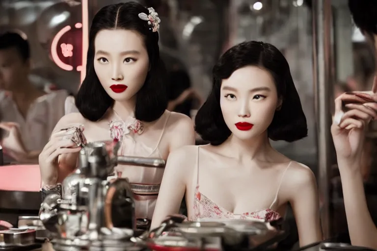 Image similar to movie interior closeup beautiful Chinese fashion model team closeup joking at 50s diner, night in the city, beautiful skin, by Emmanuel Lubezki