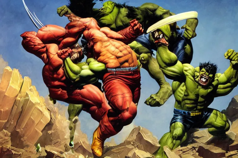 Image similar to Wolverine fighting the Hulk by Frank Frazetta and by Joe Jusko and by Alex Ross, oil painting, detailed, proportional, trending on art station, 4k