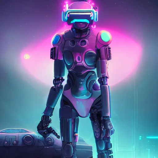 Image similar to cyberpunk concept cool warrior girl bot, galaxy, ufo, space sci - fi, wearing vr goggles, illustration, portrait, pastel neon textured background night, trending on artstation, greg rutkowski, octane rendered, 1 2 k, detailed,