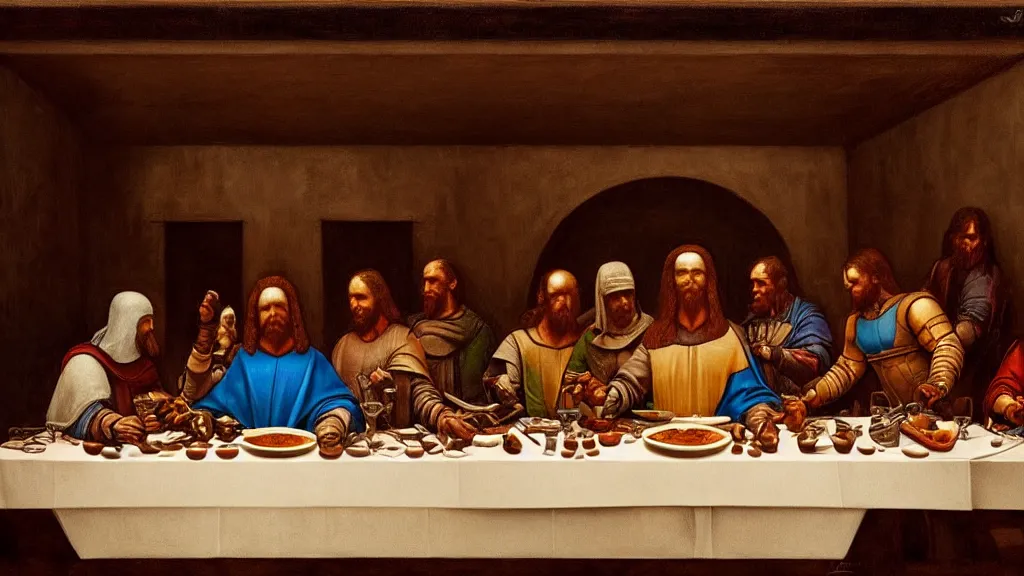 Image similar to mandalorian last supper, by leonardo davinci, concept art, oil painting, art station, dynamic lighting, highly detailed, very detailed, 4 k