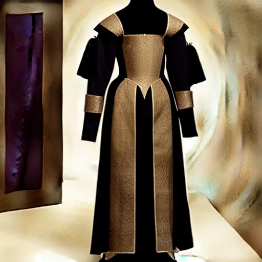 Image similar to a medieval dress from 1300, designed by Hugo Boss and Karl Lagerfeld