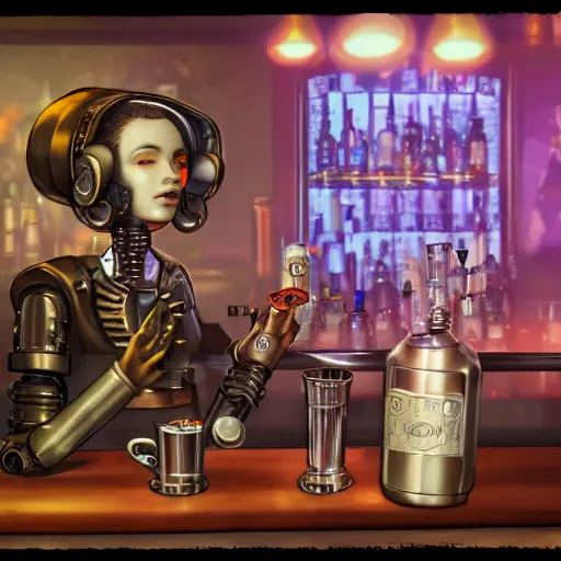 Image similar to a steampunk cyberpunk robot is at the bar and orders a drink from a bartender TY beanie baby puppy (fluffy), cgsociety, old master.