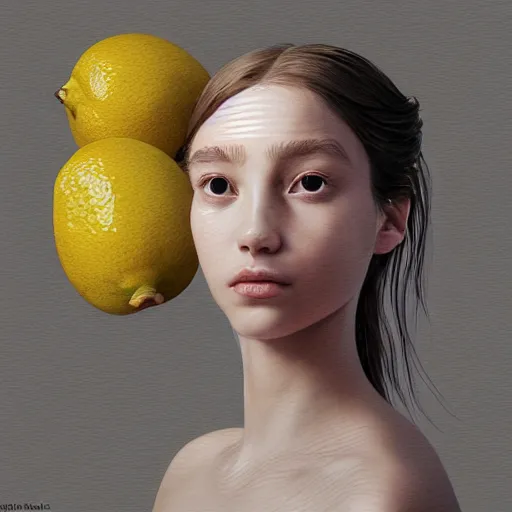 Image similar to the portrait of an absurdly beautiful, graceful, elegant, sophisticated, young teen girl made up of lemons looking up, an ultrafine hyperdetailed illustration by kim jung gi, irakli nadar, intricate linework, bright colors, octopath traveler, final fantasy, unreal engine 5 highly rendered, global illumination, radiant light, detailed and intricate environment