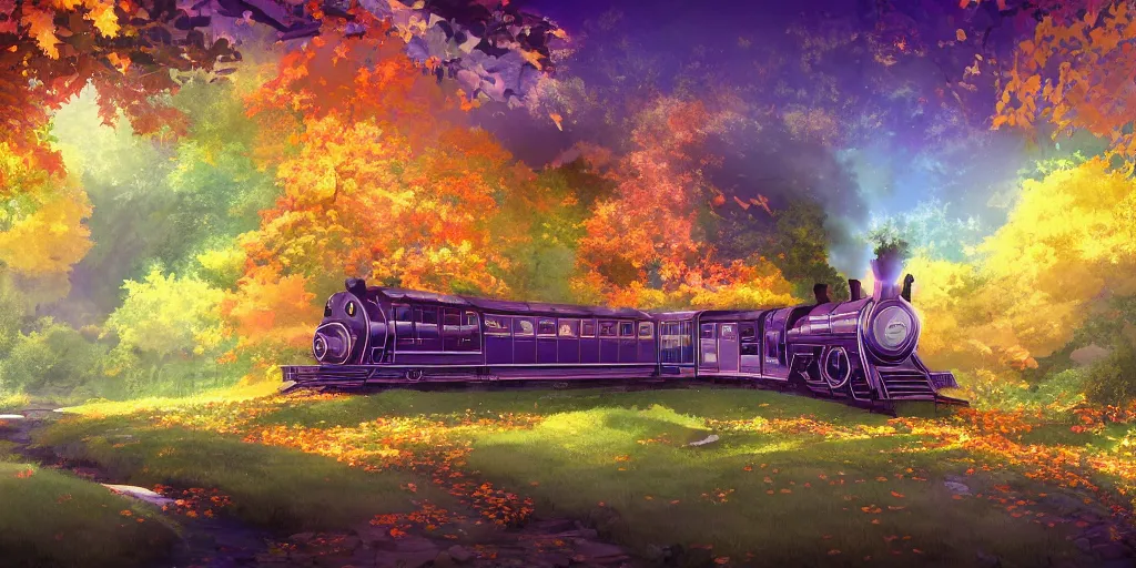 Image similar to A beautiful illustration of beautiful Hogwarts train, autumn, leaves, trees, steam, iridescent, pink, golden, orange, smoke, wide angle, by makoto shinkai, Wu daozi, very detailed, deviantart, 8k, wallpaper, tropical, colorful, airy, anime illustration, anime nature wallpap