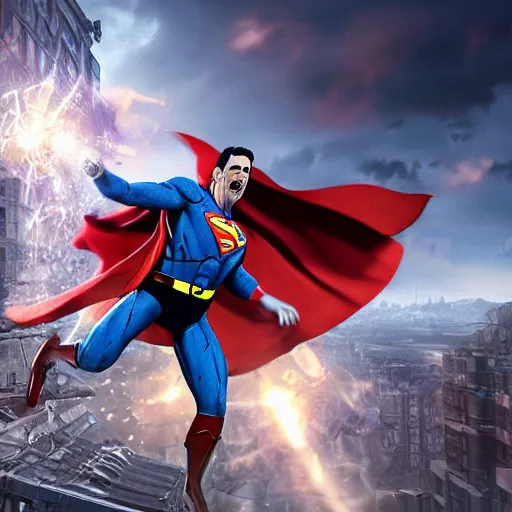 Image similar to pickle rick as superman! flying in ( gears of war ), splash art, movie still, detailed face, photorealistic facial features, cinematic lighting, dramatic, octane render, long lens, shallow depth of field, bokeh, anamorphic lens flare, 8 k, hyper detailed, 3 5 mm film grain