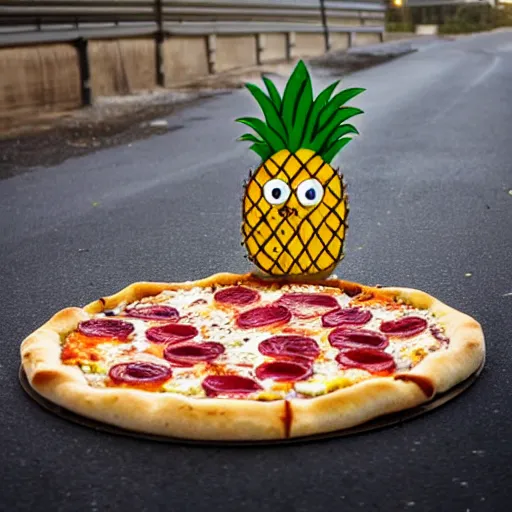 Prompt: A cartoon pineapple pizza entering a dumpster, dramatic light