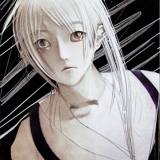 Image similar to Yoshitaka Amano realistic illustration of an anime girl with white hair, eyes without pupils and cracks on her face wearing dress suit with tie fluttering in the wind, abstract black and white patterns on the background, noisy film grain effect, highly detailed, Renaissance oil painting, weird portrait angle