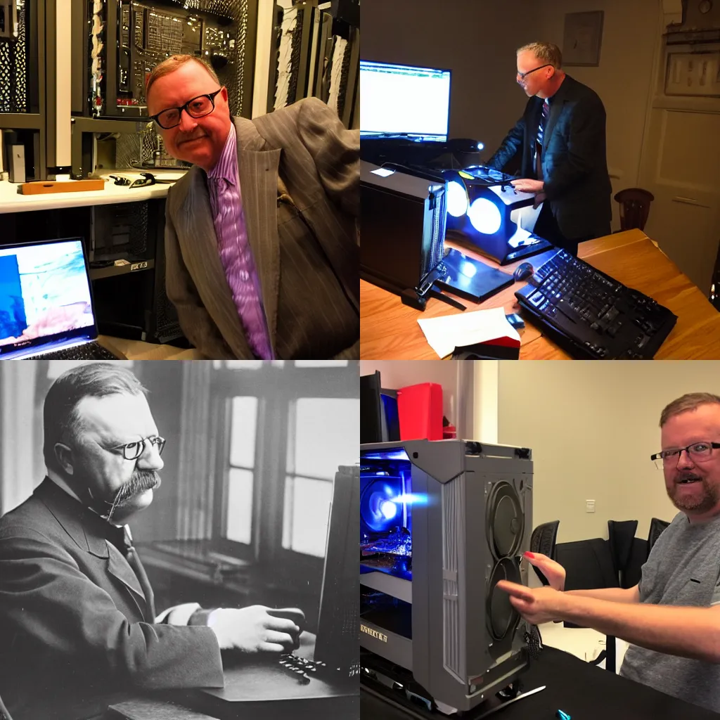 Prompt: teddy roosevelt building a new pc with RBG lighting