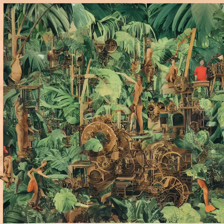 Image similar to a network of steampunk machinery in tropical nature, painted by Neo Rauch, 1970 magazine cut out collage