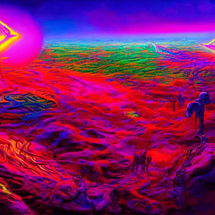 Image similar to bright psychedelic holocaust LANDSCAPE, diffuse lighting, fantasy, intricate, elegant, highly detailed, lifelike, photorealistic, digital painting, artstation, illustration, concept art, smooth, sharp focus, art by francis bacon