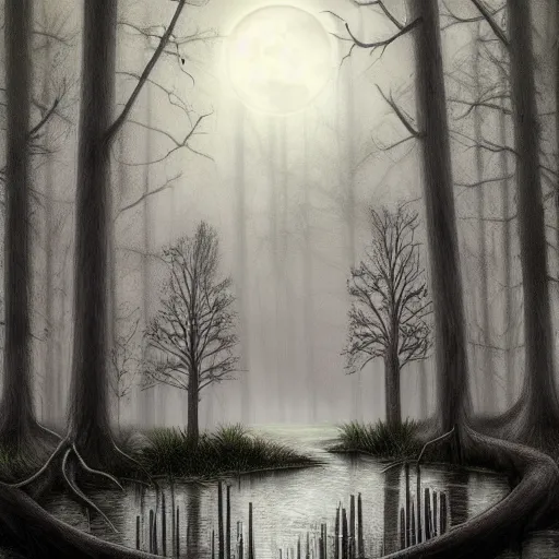 Image similar to highly realistic scenic painting of a towering misty dark fantasy forest surrounding a pond, a rusalka sits on the roots of an ancient tree looking up at the moon, spooky fog, looming trees, scary forest, midnight, dark, fantasy painting hd